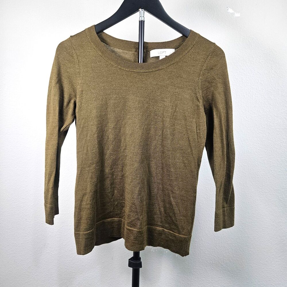 LOFT Sweater‎ Womens Small Olive Green 3/4 Sleeve Wool Blend Lightweight Knit